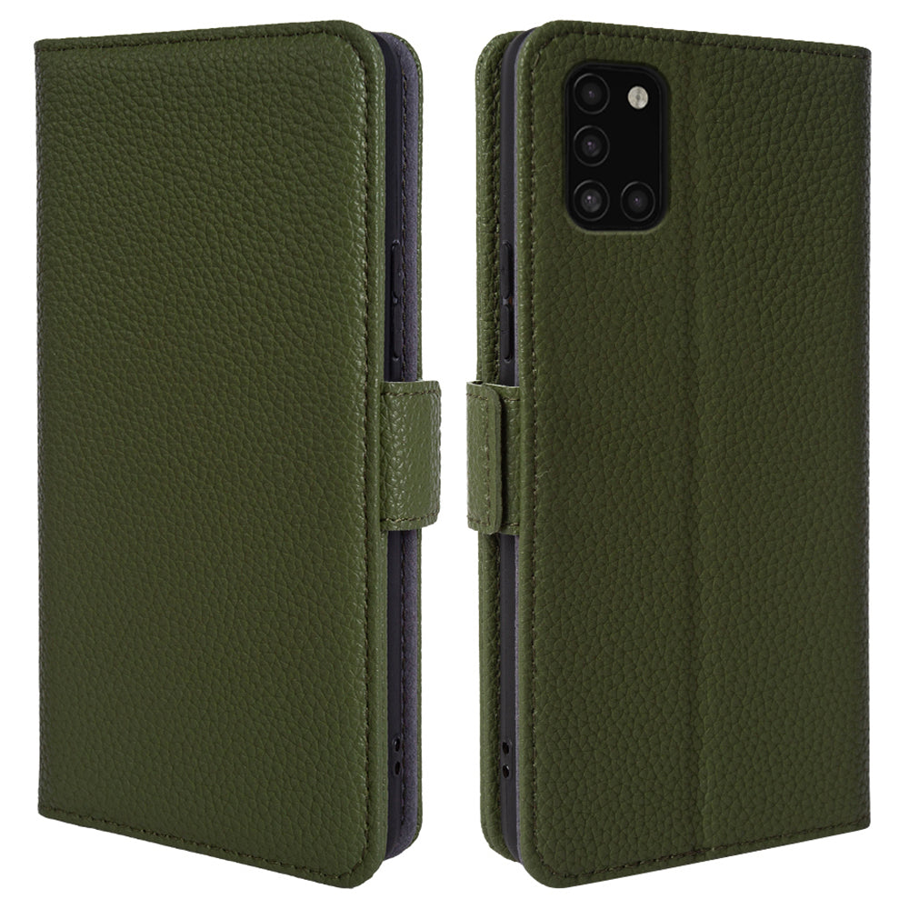 Til Samsung Galaxy A31 Pung Stand Cover Litchi Texture Ægte ko læder TPU telefoncover Til Samsung Galaxy A31 Pung Stand Cover Litchi Texture Ægte ko læder TPU telefoncover